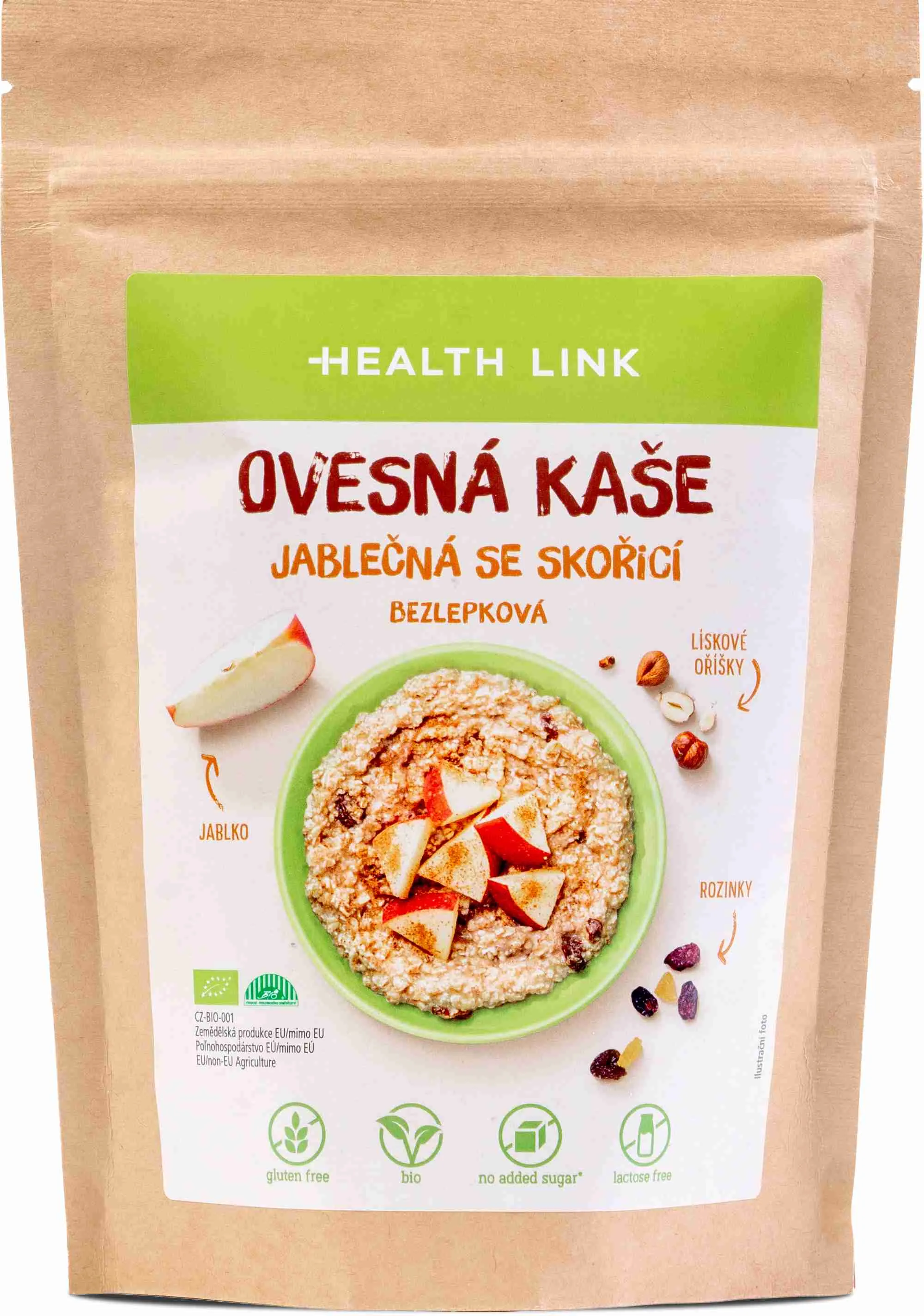 Health link BIO ovsená bezlepková kaša jablkovo - škoricová 1×300 g, ovsená bezlepková kaša