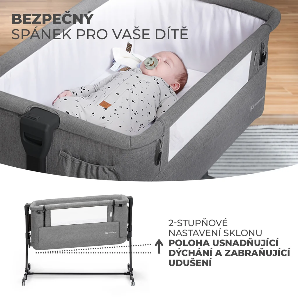 KINDERKRAFT Postieľka detská polohovateľná Neste grow Grey Melange 1×1 ks, polohovateľná postieľka