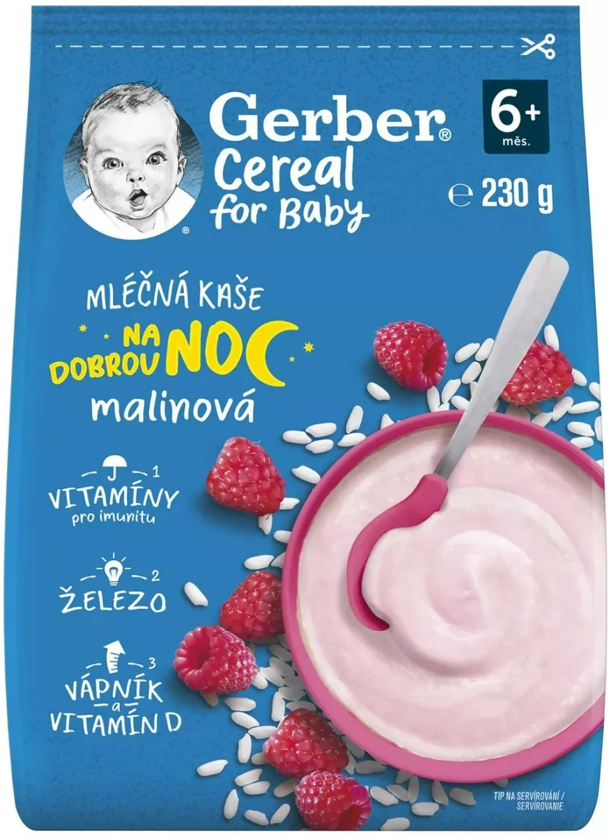 Gerber Cereal Mliečna KAŠA Dobrú noc Malinová; (od ukonč. 6. mesiaca)