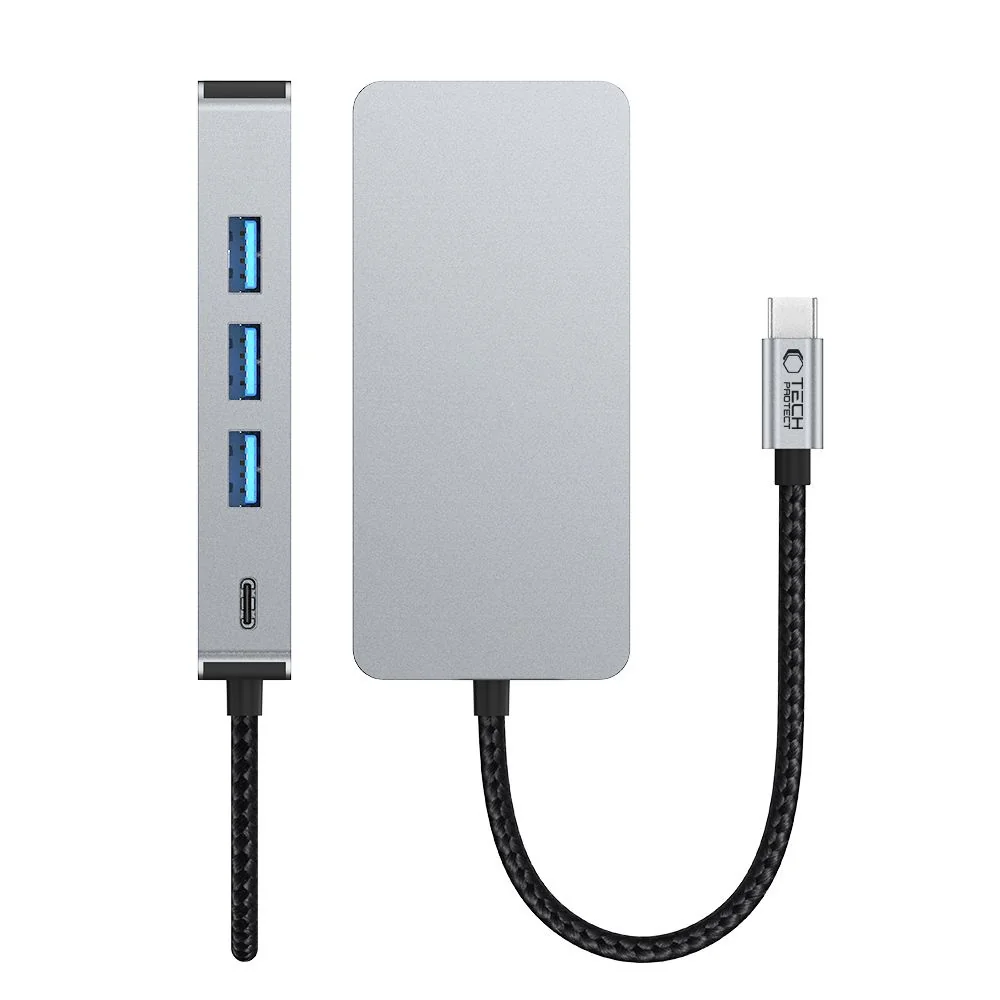 Tech-Protect HB05 HUB adaptér USB-C - 3x USB / HDMI 4K / SD / TF / USB -C 100W / RJ45, šedý