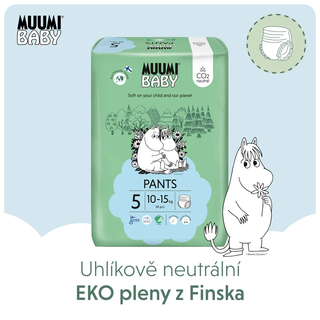 Muumi Baby Pants 5 Maxi+ 10-15 kg, mesačné balenie nohavičkových eko plienok 1×114ks, EKO plienkové nohavičky