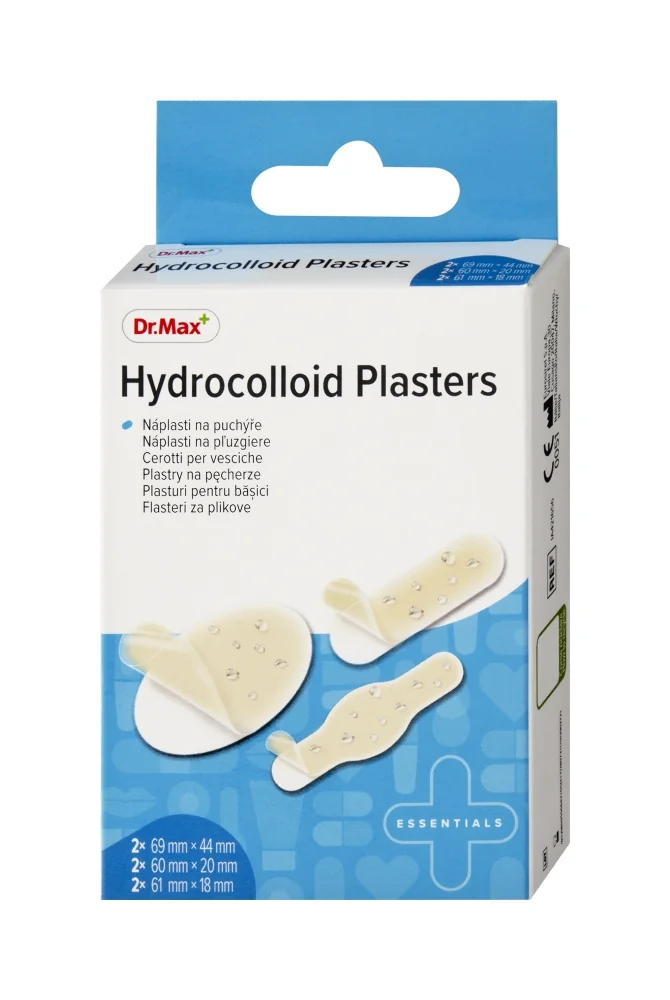 Dr. Max Náplasť Hydrocolloid Mix 1×6 ks, 2× 69 mm × 44 mm, 2× 60 mm × 20 mm, 2× 61 mm × 18 mm, náplasti na pľuzgiere