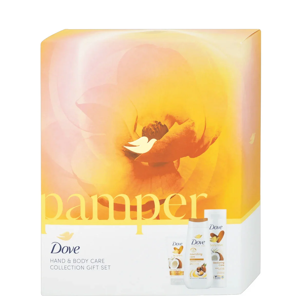 DOVE darčeková kazeta Pamper (Dove sprchový gél Restoring care 250ml + telové mlieko Nourishing care 250ml + krém na ruky Restoring care 75ml)