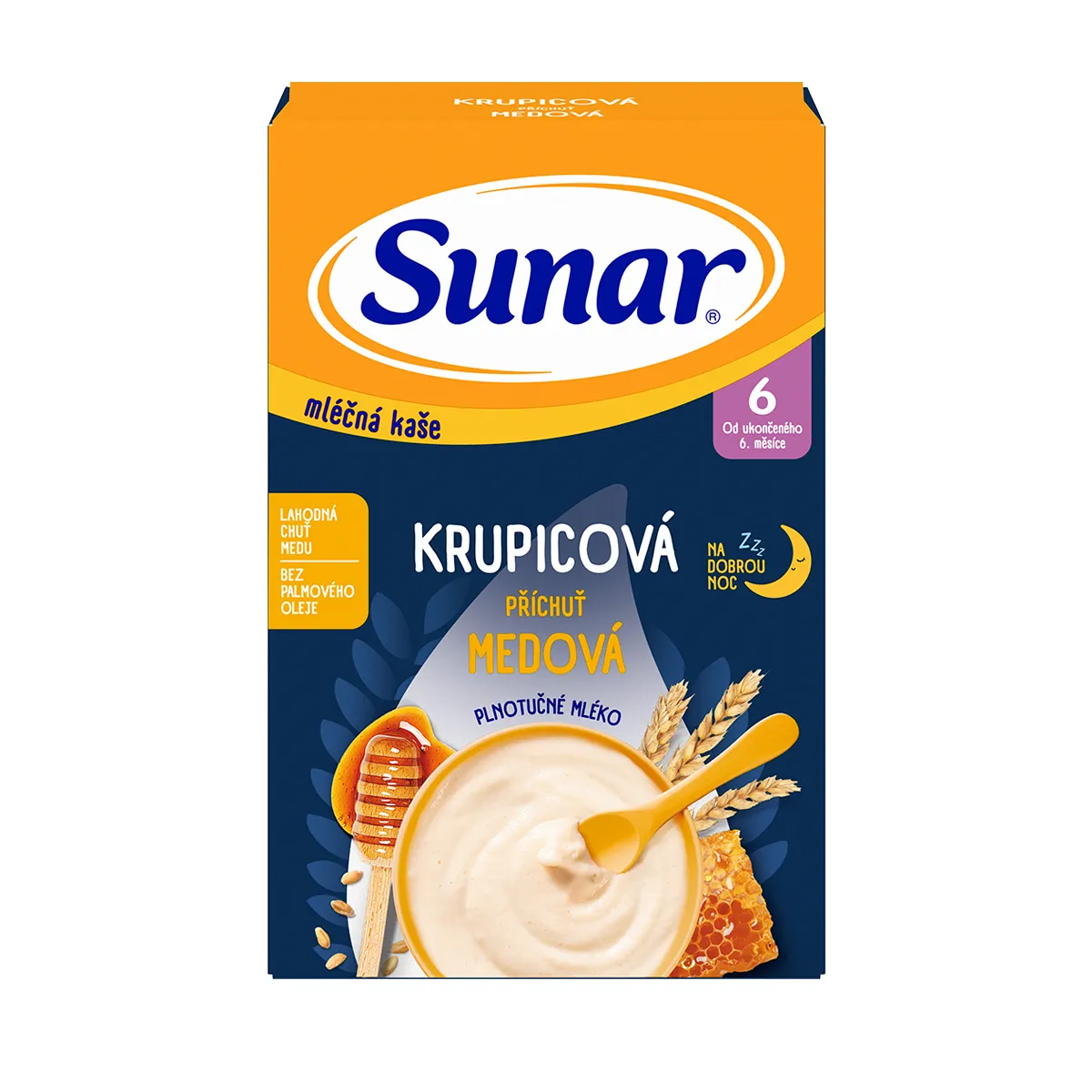 Sunar mliečna kaša krupicová príchuť medová na dobrú noc 1×210 g, instantná, obilno-mliečna kaša, od ukončeného 6. mesiaca