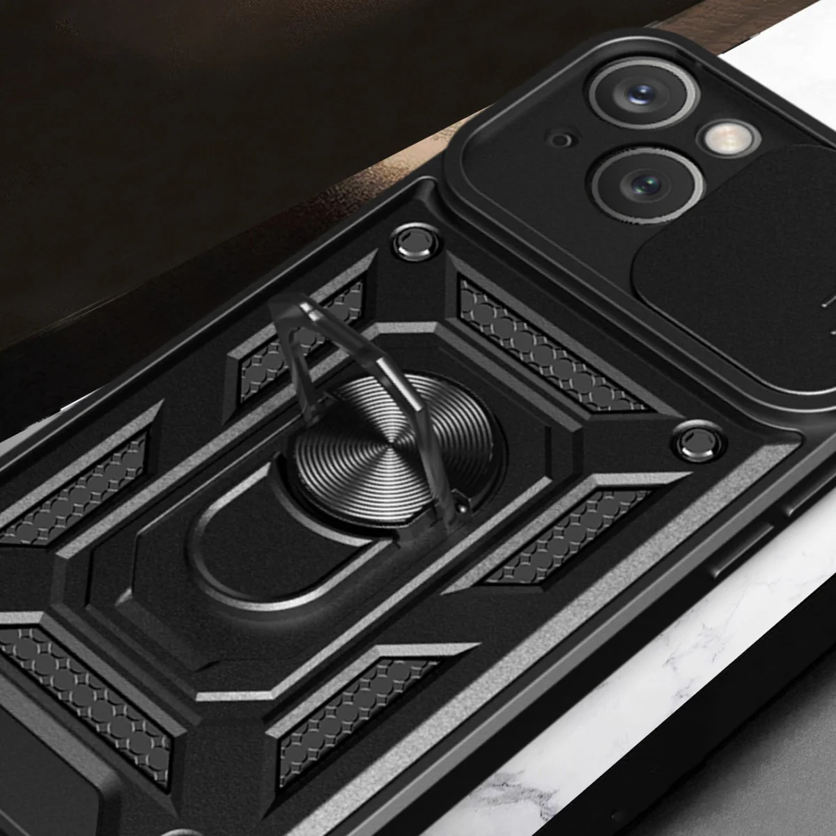 MG Hybrid Armor Camshield kryt na iPhone 15, čierny 