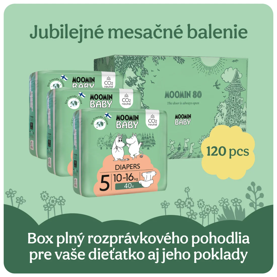 Moomin Baby 5 Maxi 10–16 kg, jubilejné mesačné balenie eko plienok v darčekovom boxe 1×120 ks, plienky