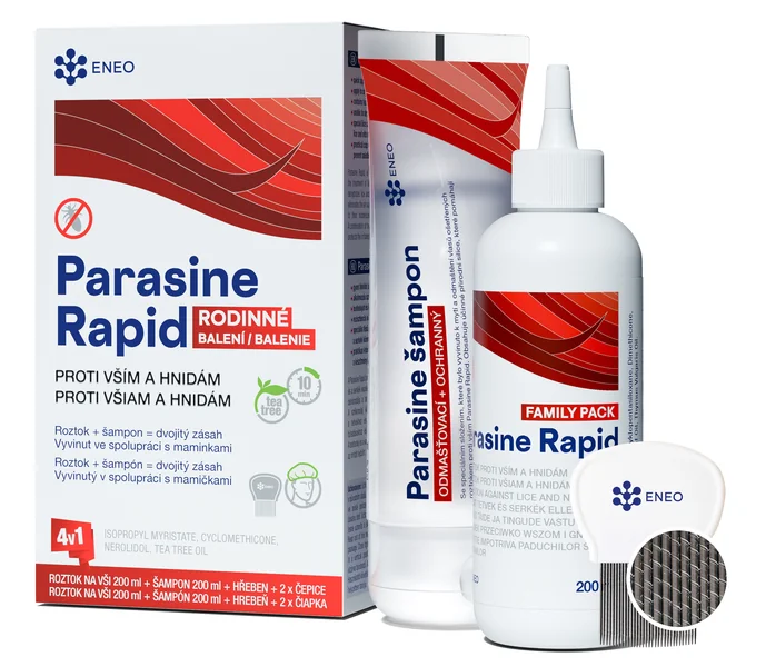 ENEO Parasine Rapid roztok + šampón na vši 2x200 ml hrebeň + čiapka