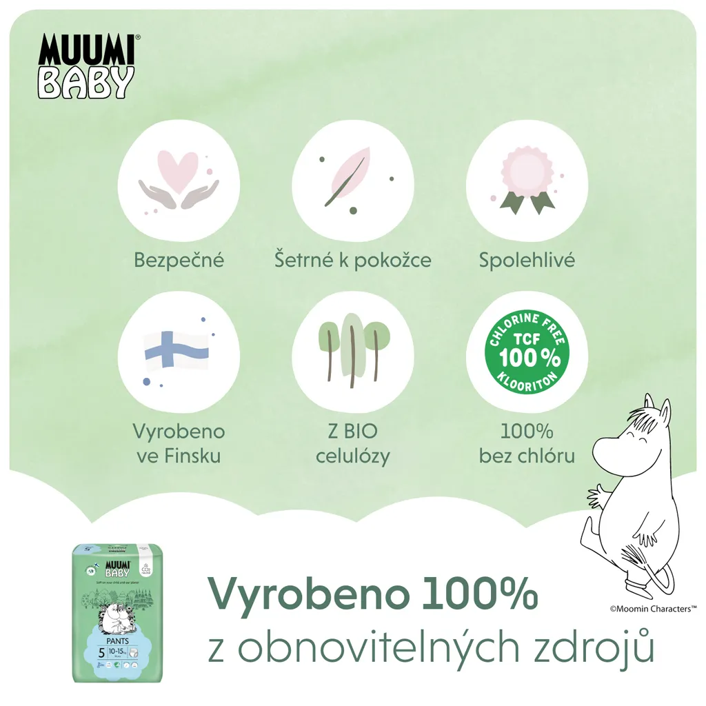 Muumi Baby Pants 5 Maxi+ 10-15 kg, mesačné balenie nohavičkových eko plienok 1×114ks, EKO plienkové nohavičky