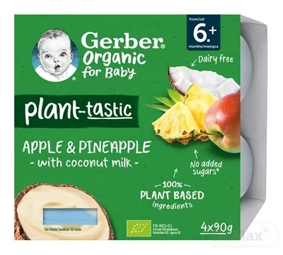 Gerber Organic Rastlinný dezert Jablko a ananás 4x90 g, s kokosovým mliekom (od ukonč. 6. mesiaca)