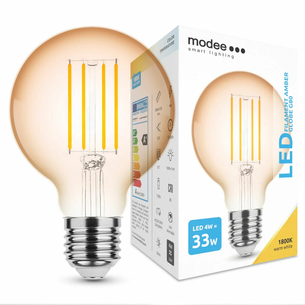 Modee LED Filament Amber Globe G80 4W E27 360 lm, teplá biela (ML-G80FA1800K4WE27) 