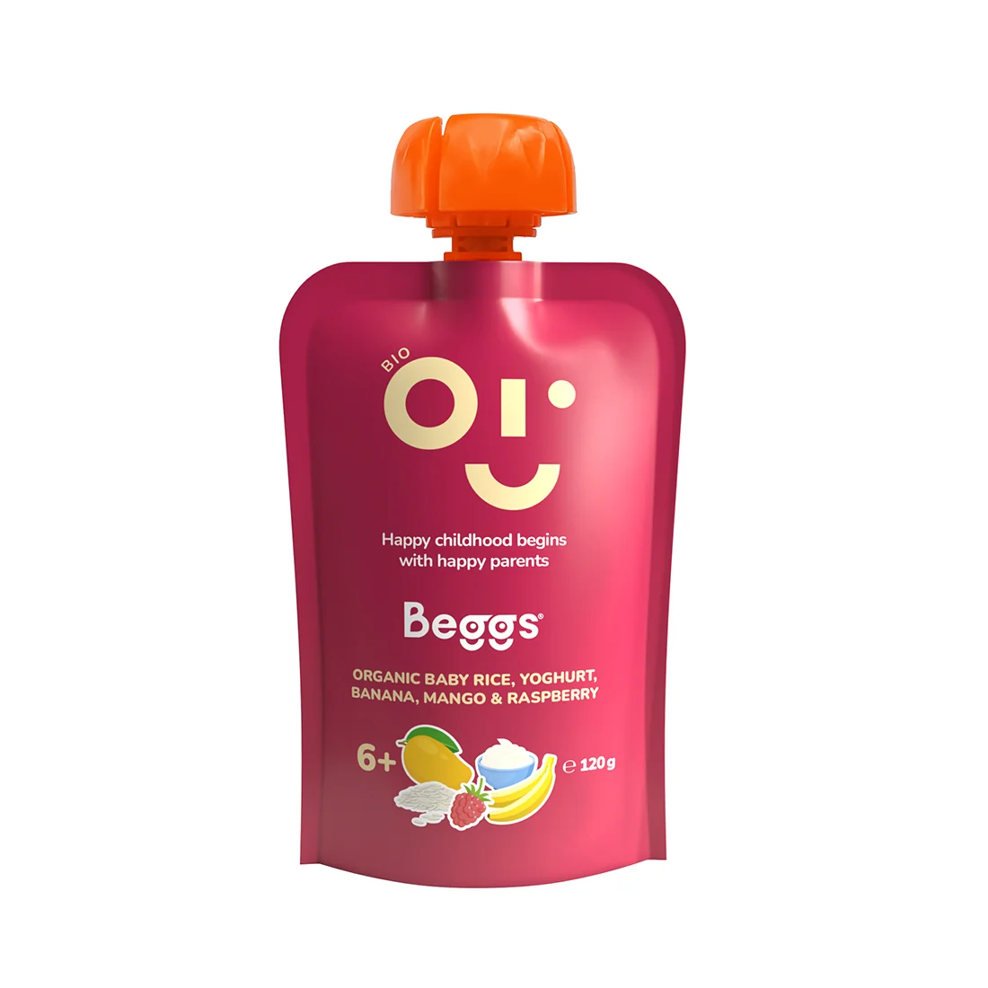 Beggs BIO Detská ryža s jogurtom, banánom, mangom a malinami 1×120 g, detská ryža