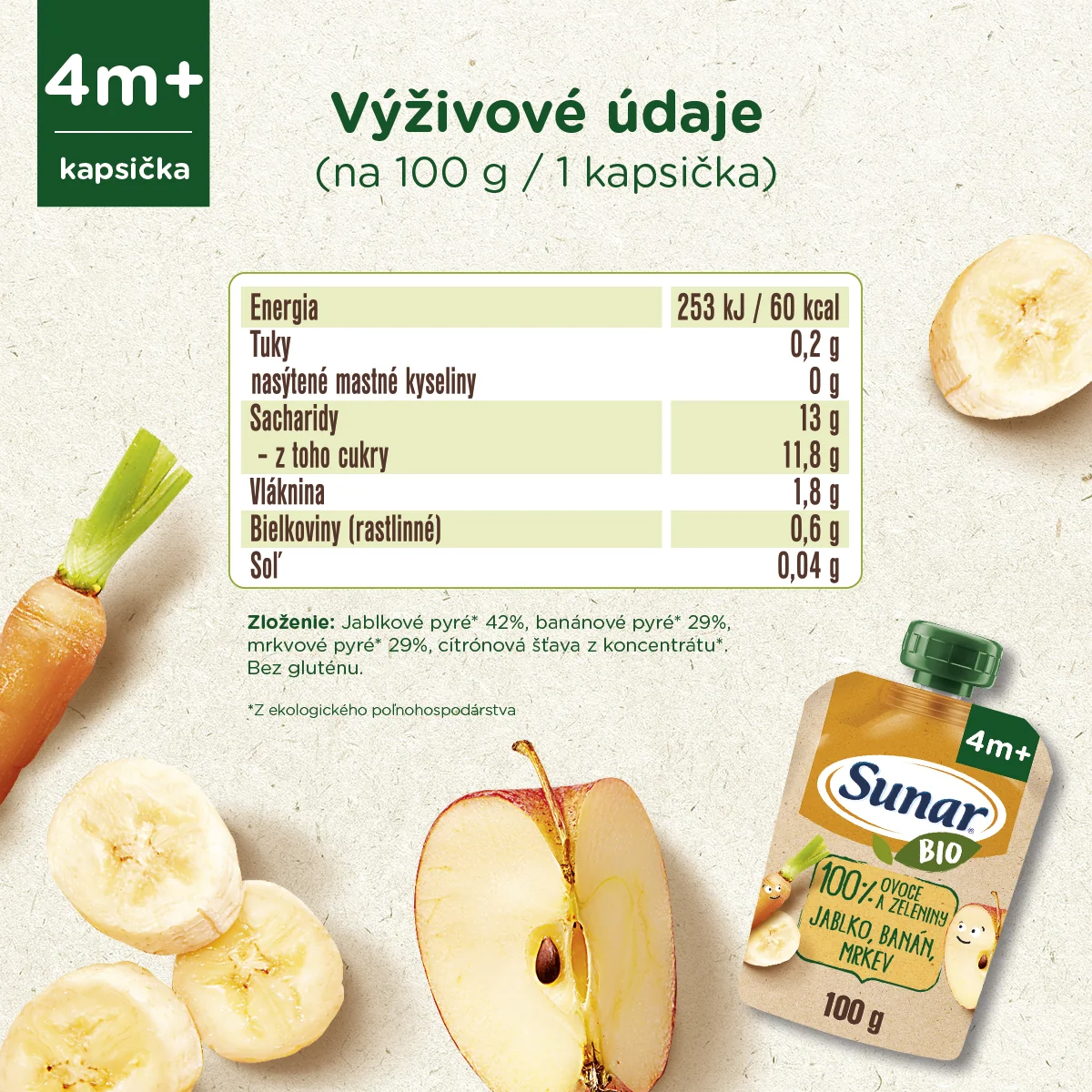 Sunar BIO Kapsička Jablko, banán, mrkva 1×100 g, príkrm (100% ovocia a zeleniny), 4m+