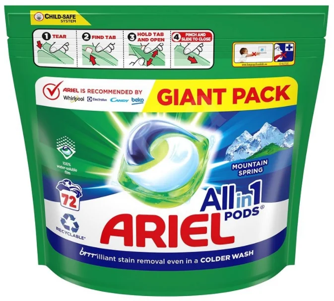 Ariel All-in-1 gélové kapsuly na pranie Mountain Spring 1×72 ks, gélové tablety