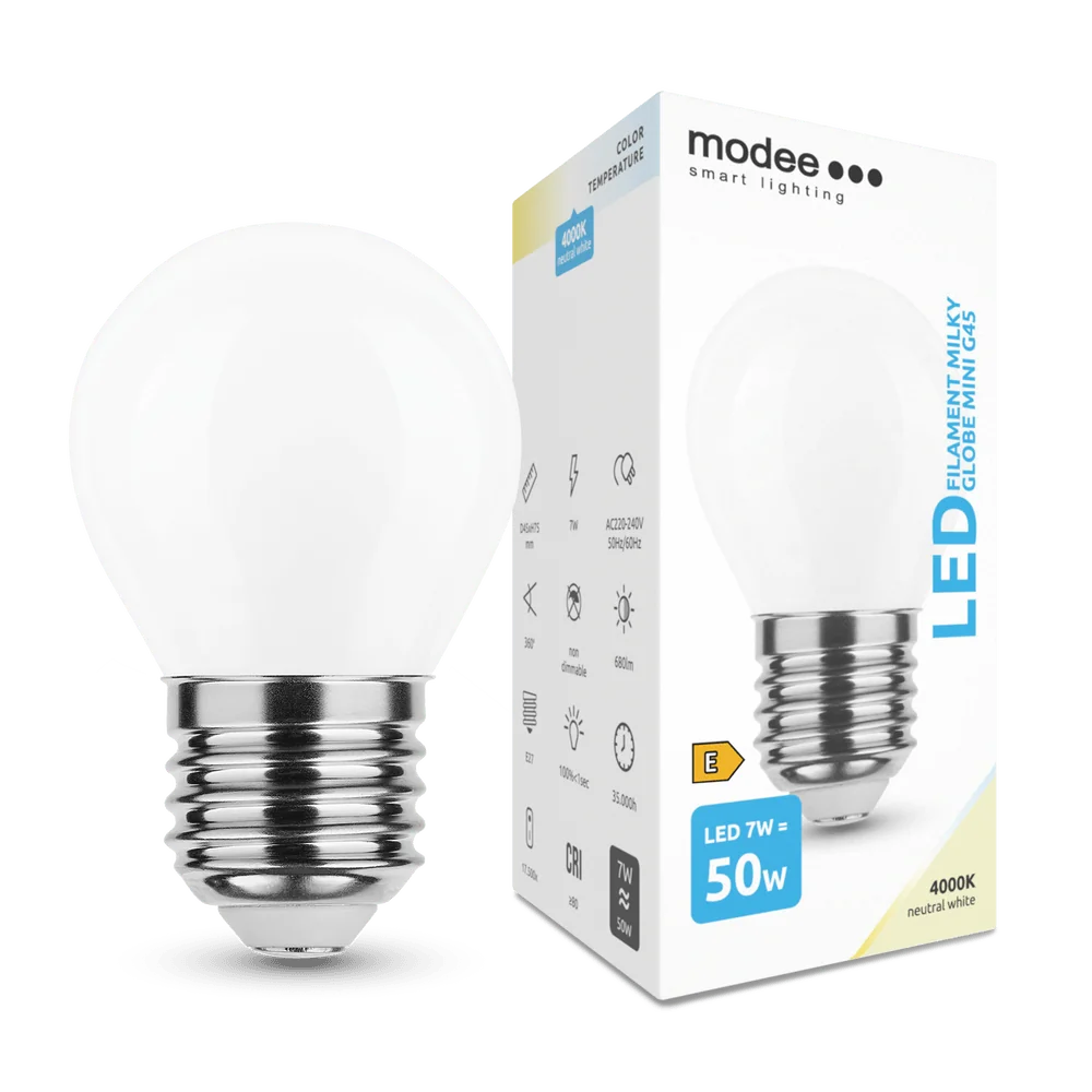 Modee Smart Lighting LED Filament Milky Globe Mini žiarovka E27 7W neutrálna biela (ML-MG45F4000K7W) 