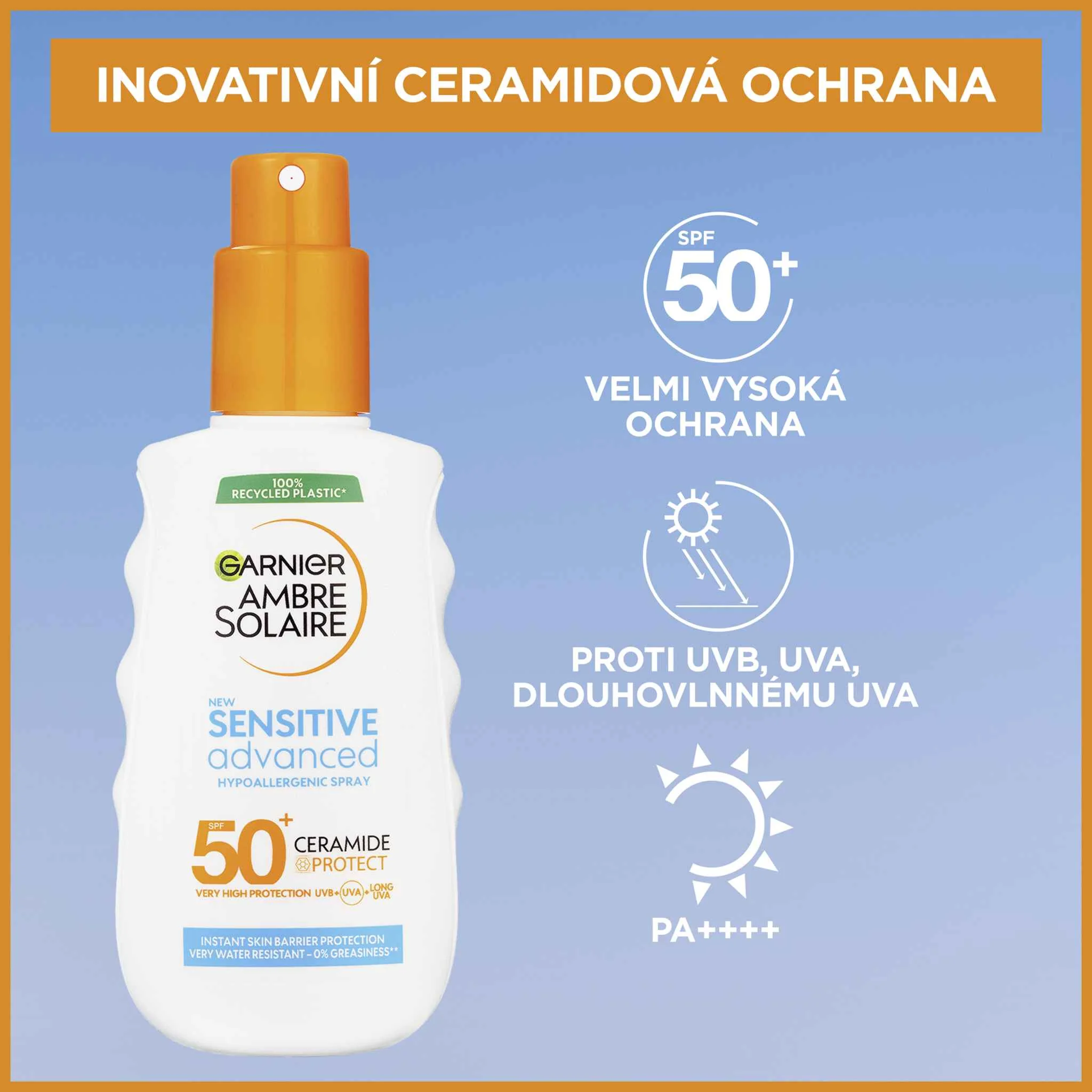 Garnier Ambre Solaire Sensitive Advanced Sprej, veľmi vysoká ochrana, svetlá citlivá pokožka, SPF 50+, 150 ml 1×150 ml, sprej na citlivú pokožku SPF50+