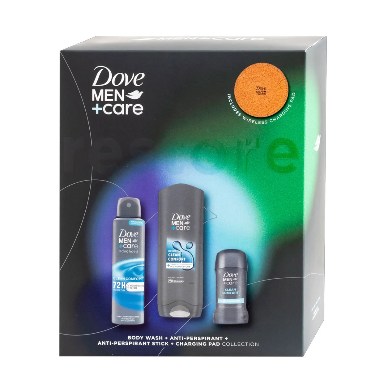 DOVE darčeková kazeta Restore Clean Comfort (Dove sprchový gél Clean Comfort 250ml + deodorant v spreji Clean Comfort 150ml + tuhý antiperspirant Clean Comfort 50ml + bezdrôtová nabíjačka)