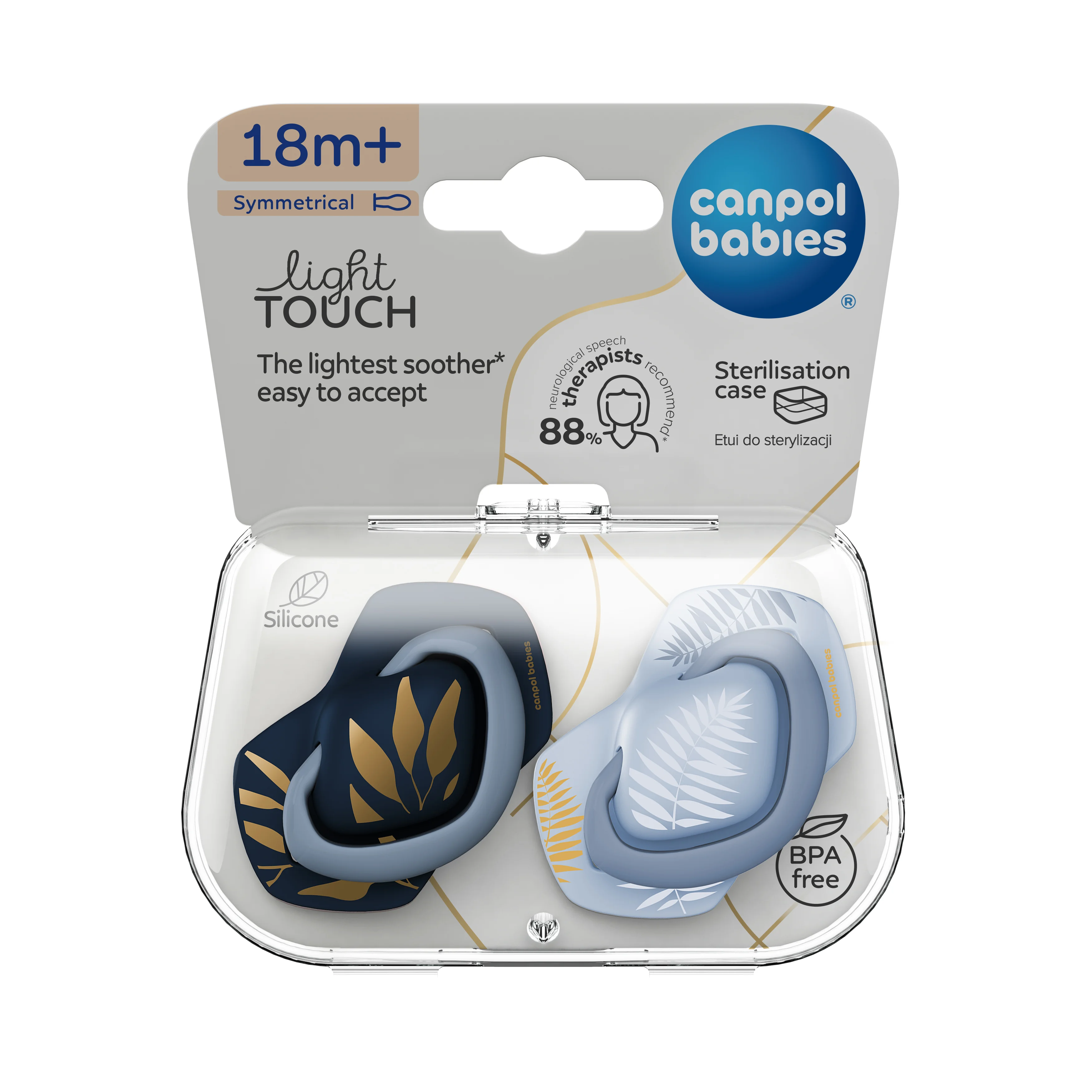 Canpol babies Set symetrických silikónových cumlíkov GOLD 18m+ modrý 1×2 ks, silikónový cumlík