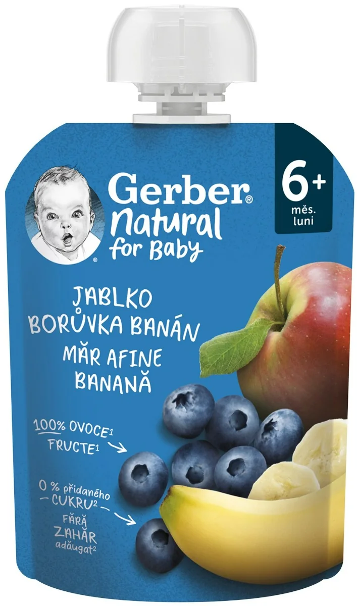 Gerber Natural Kapsička Jablko, čučoriedka a banán; ovocná desiata (od ukonč. 6. mesiaca)