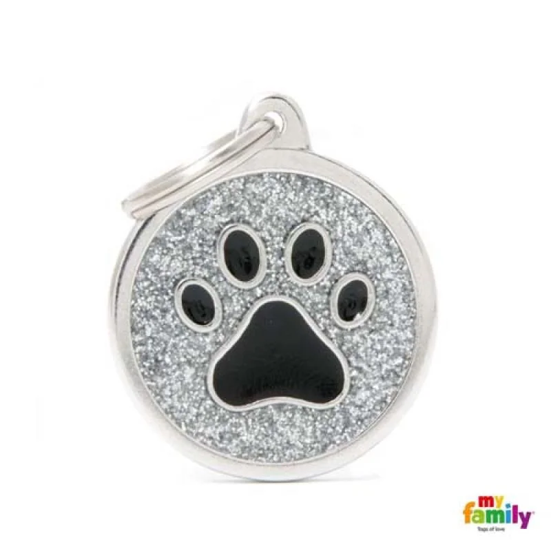 MF GREY BIG GLITTER CIRCLE BLACK PAW gravírovateľný prívesok 3,93x3,17cm 