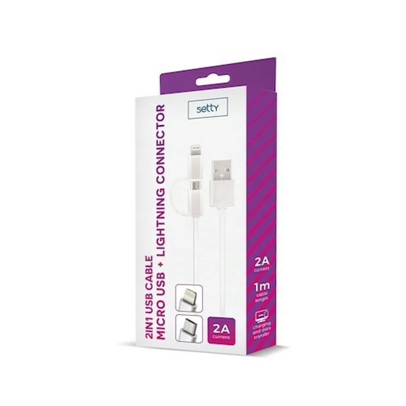 SETTY nylonový USB kábel 2v1 microUSB+Lightning 1m (GSM043223) biela 