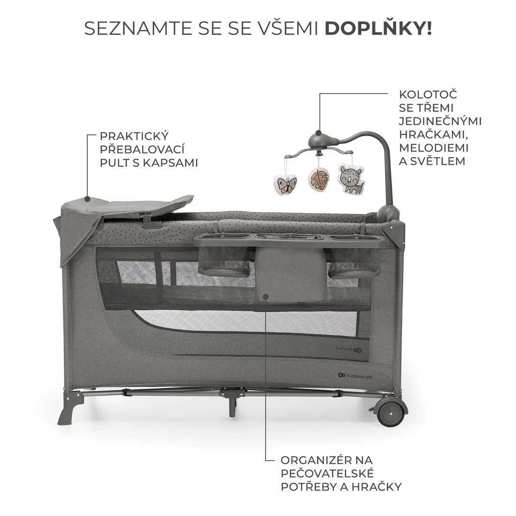 KINDERKRAFT Postieľka cestovná Joy 2 s doplnkami Dark grey 1×1 ks, cestovná postieľka