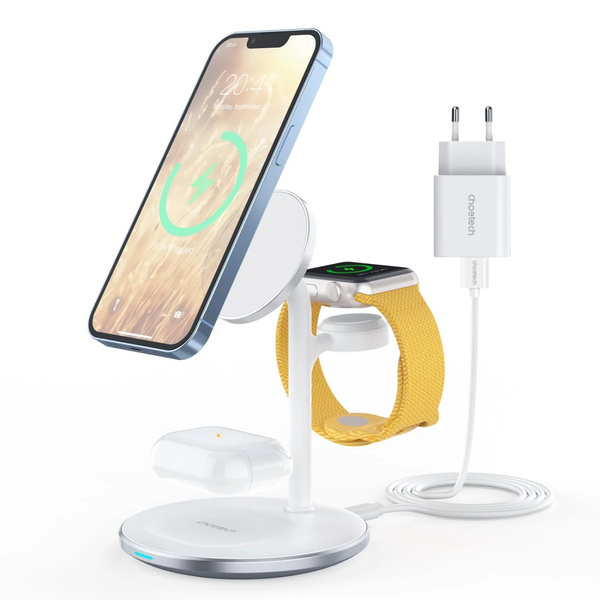 Choetech T585-F 3in1 bezdrôtová nabíjačka na mobil / Apple Watch / Air Pods 15W, biela