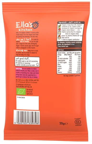 Ella's Kitchen BIO Chrumkavé krúžky so syrom a paradajkami 1×20 g, chrumky