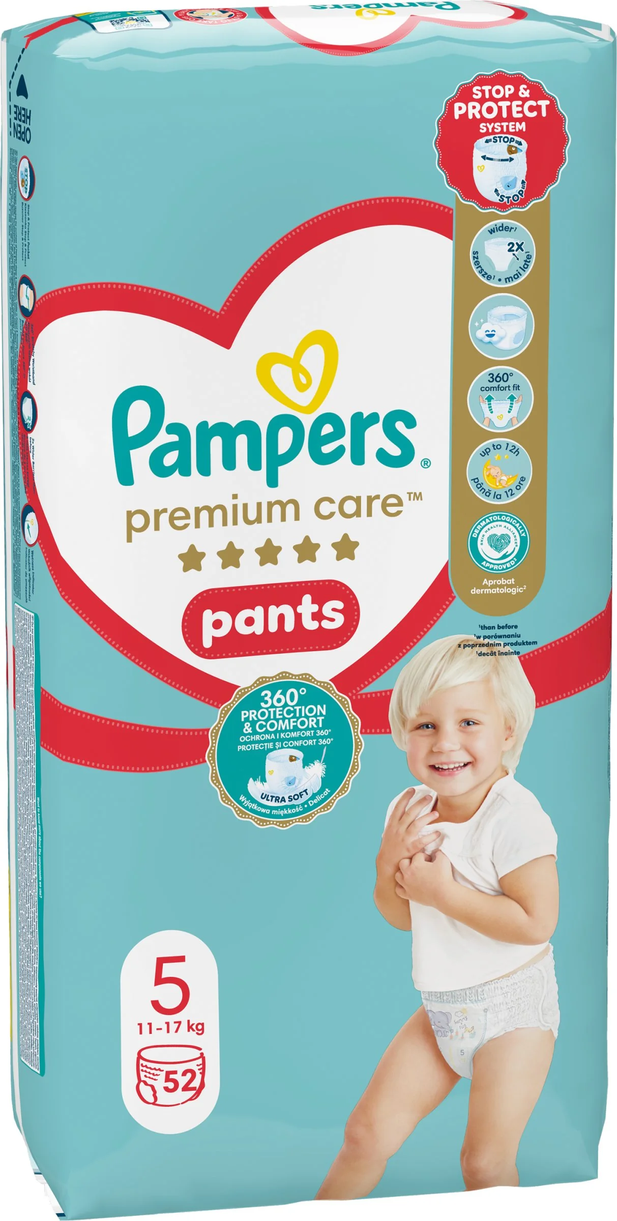 Pampers Premium Care plienkové nohavičky veľkosť 5, 52 ks, 9kg-17kg 1×52 ks, plienkové nohavičky