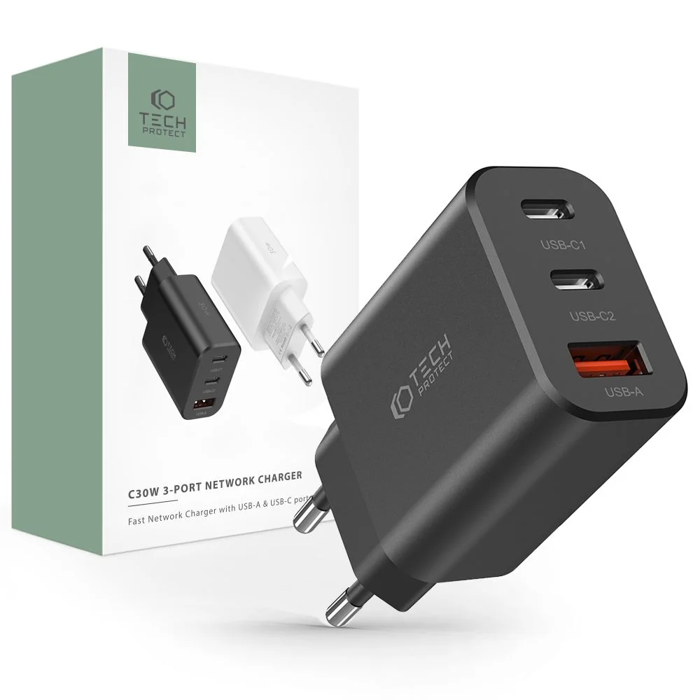 Tech-Protect 3-port sieťová nabíjačka USB / 2x USB-C 30W PD QC, čierna 