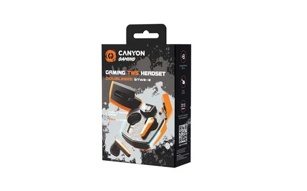 Canyon GTWS-2, Doublebee, herné True Wireless Bluetooth slúchadlá do uší, nabíjacia stanica v kazete, oranžové 1×1 ks, slúchadlá