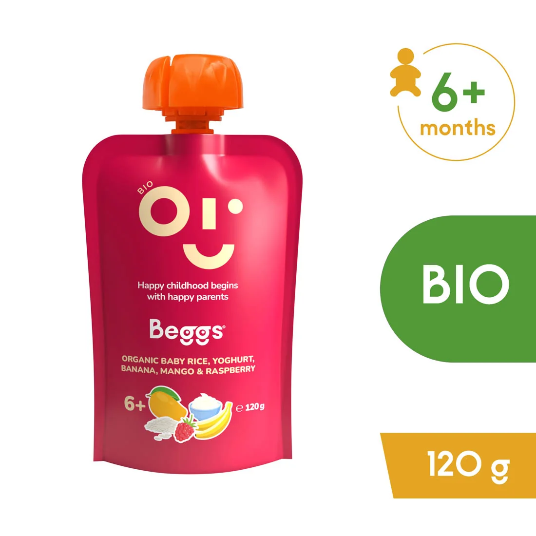 Beggs BIO Detská ryža s jogurtom, banánom, mangom a malinami 1×120 g, detská ryža