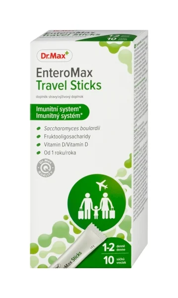 Dr. Max Enteromax Travel Sticks 1×10 vreciek,  Saccharomyces boulardii, FOS a vitamín D