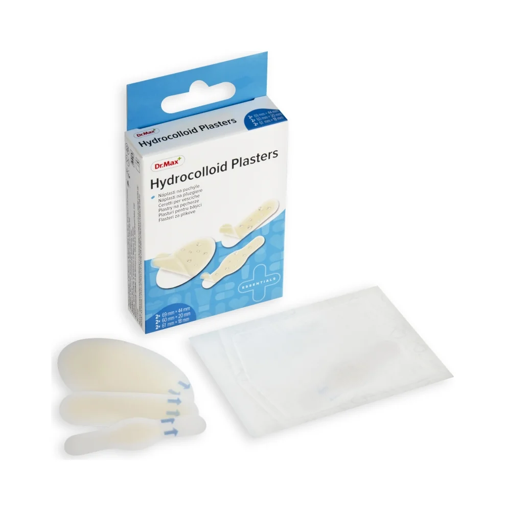 Dr. Max Náplasť Hydrocolloid Mix 1×6 ks, 2× 69 mm × 44 mm, 2× 60 mm × 20 mm, 2× 61 mm × 18 mm, náplasti na pľuzgiere