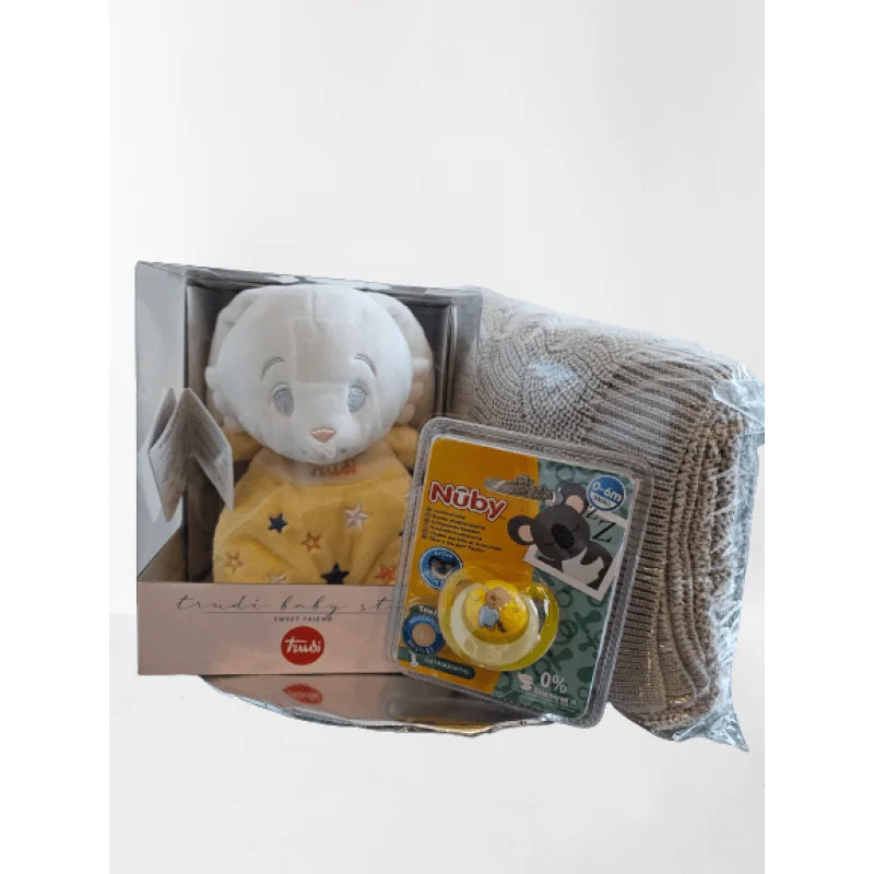 Babygift newborn set, Dojčenský set v darčekovom balení, deka, maznáčik, cumlík, oliv/žltá 