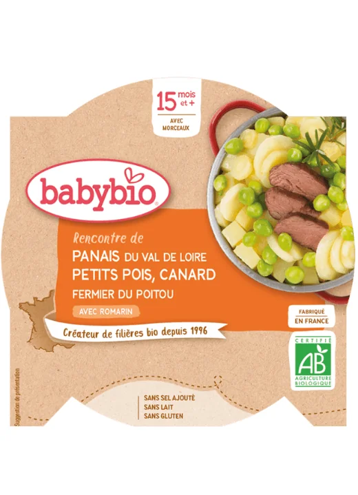 BABYBIO Paštrnák s hráškom a farmárskou kačicou (260 g) - mäsovo-zeleninový príkrm