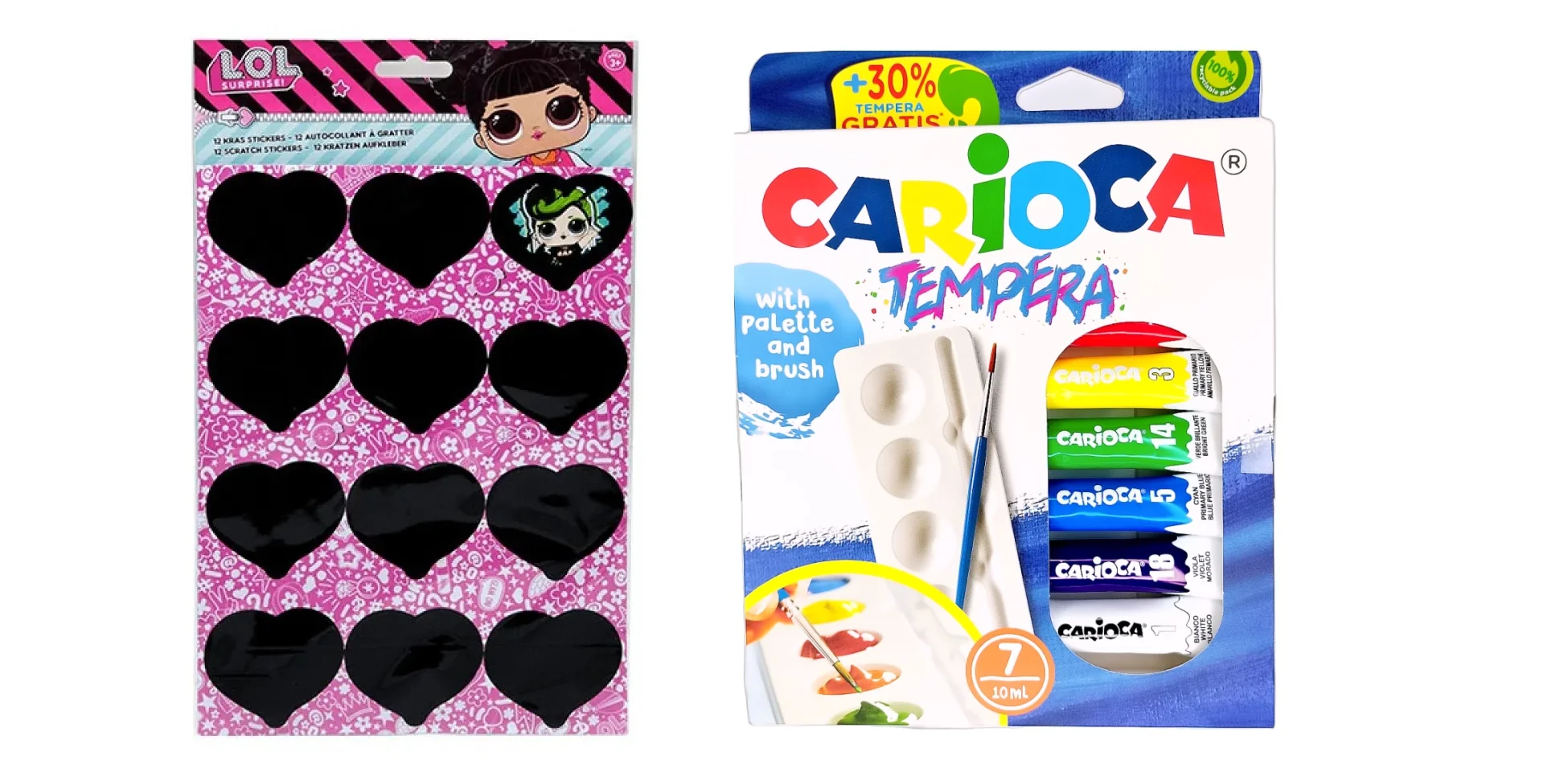 Temperové farby Carioca 10 ml 7 ks + paleta + štetec zdarma-CARIOCA + Vyškrabávacie samolepky L.O.L.-MOVEO