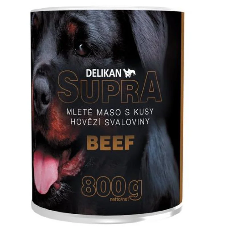 DELIKAN SUPRA DOG mleté hovädzie mäso s kúskami hovädzej svaloviny 800g konzerva pre psa