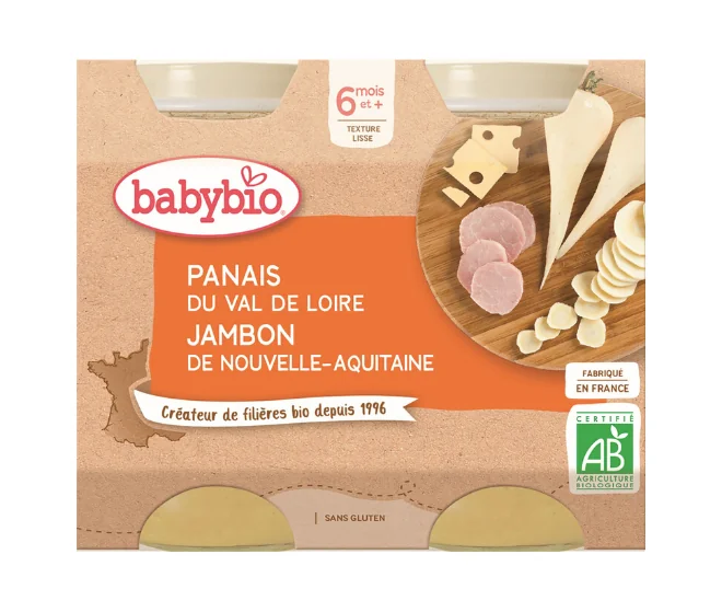 BABYBIO Paštrnák šunka Gruyère (2x 200 g) - mäsovo-zeleninový príkrm