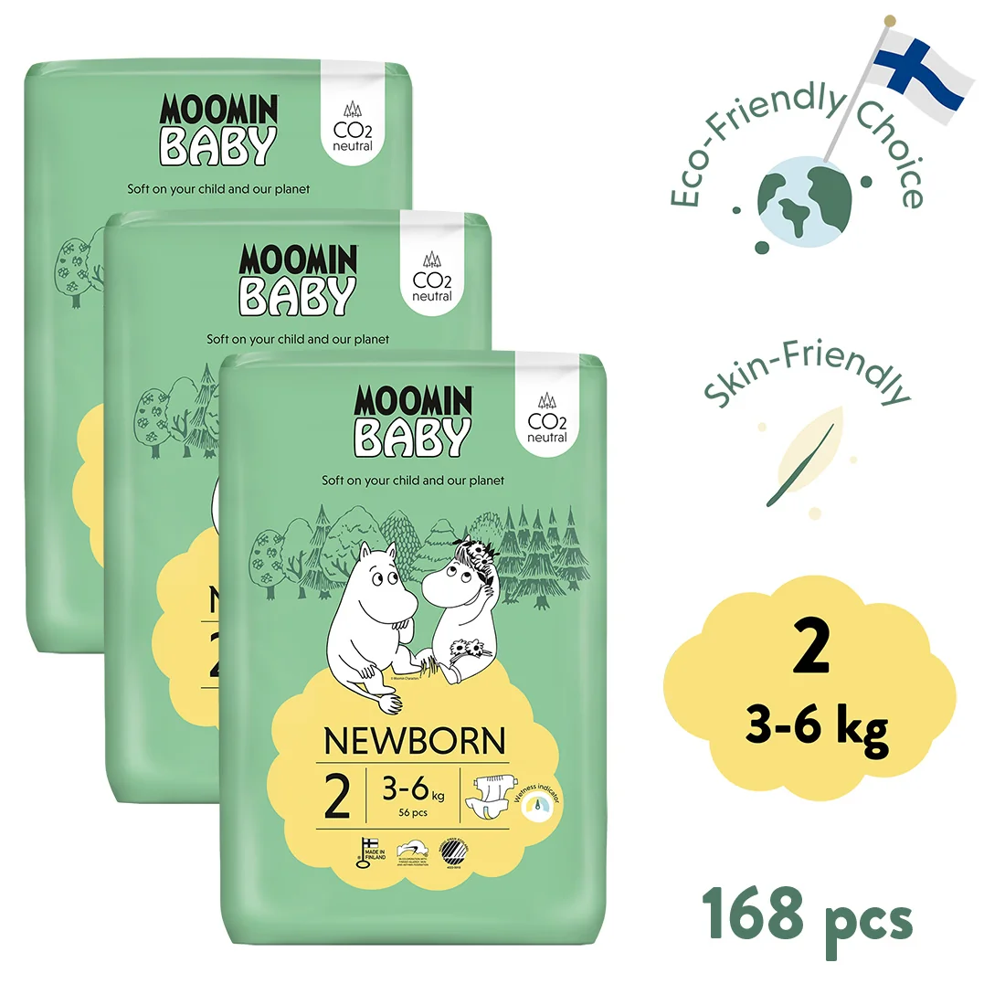 Moomin Baby 2 Newborn 3–6 kg, mesačné balenie eko plienok 1×168 ks, eko plienky