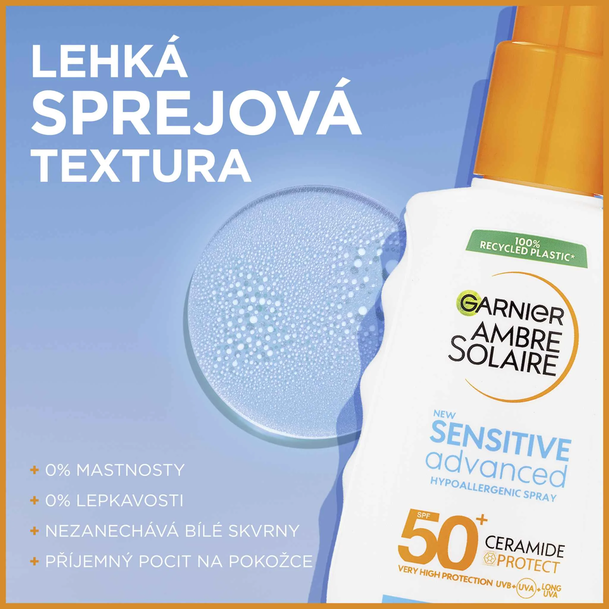 Garnier Ambre Solaire Sensitive Advanced Sprej, veľmi vysoká ochrana, svetlá citlivá pokožka, SPF 50+, 150 ml 1×150 ml sprej