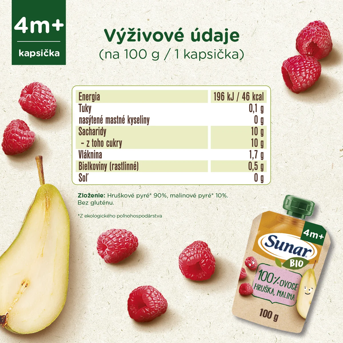 Sunar BIO Kapsička Hruška, malina 1×100 g, ovocný príkrm (100% ovocia), 4m+