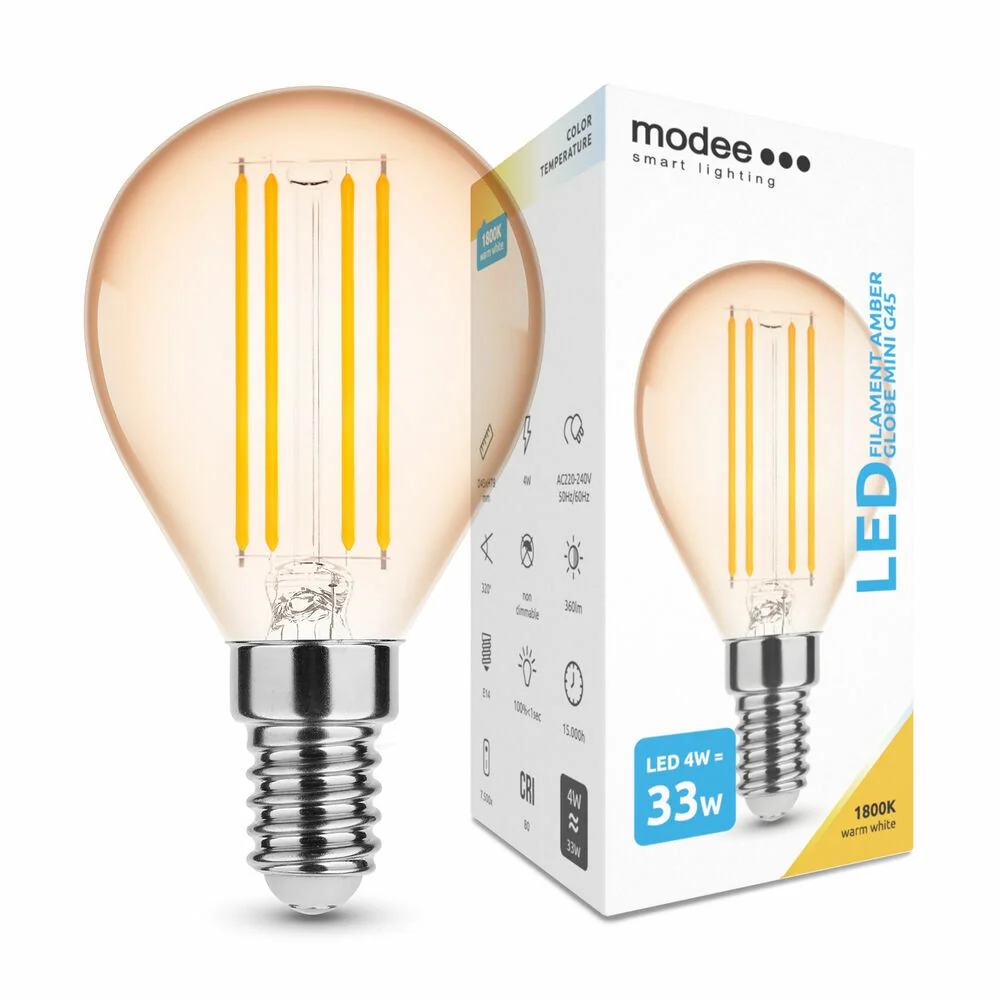 Modee LED Filament Amber Globe Mini G45 4W E14 360lm, teplá biela, stmievateľná (ML-G45FA1800K4WE14)