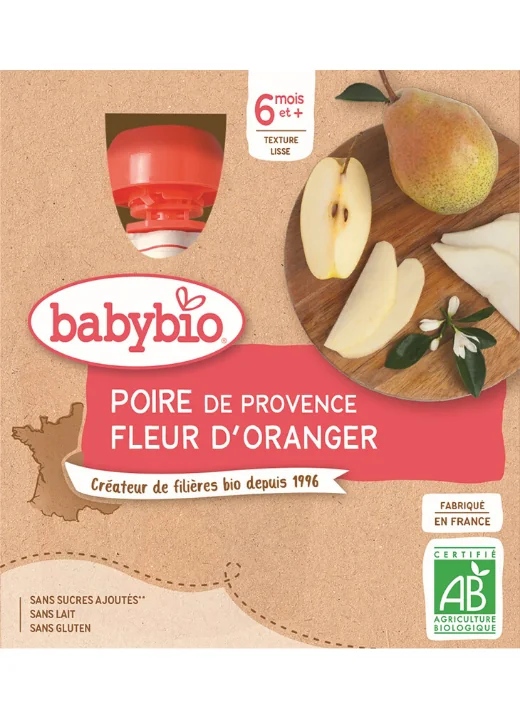 BABYBIO Pyré hruška pomarančový kvet (4x 90 g) - ovocný príkrm