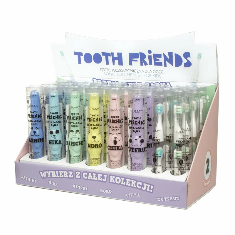 VITAMMY TOOTH FRIENDS DISPLAY detská sonická zubná kefka 18 ks + náhradné hlavy 8 ks 