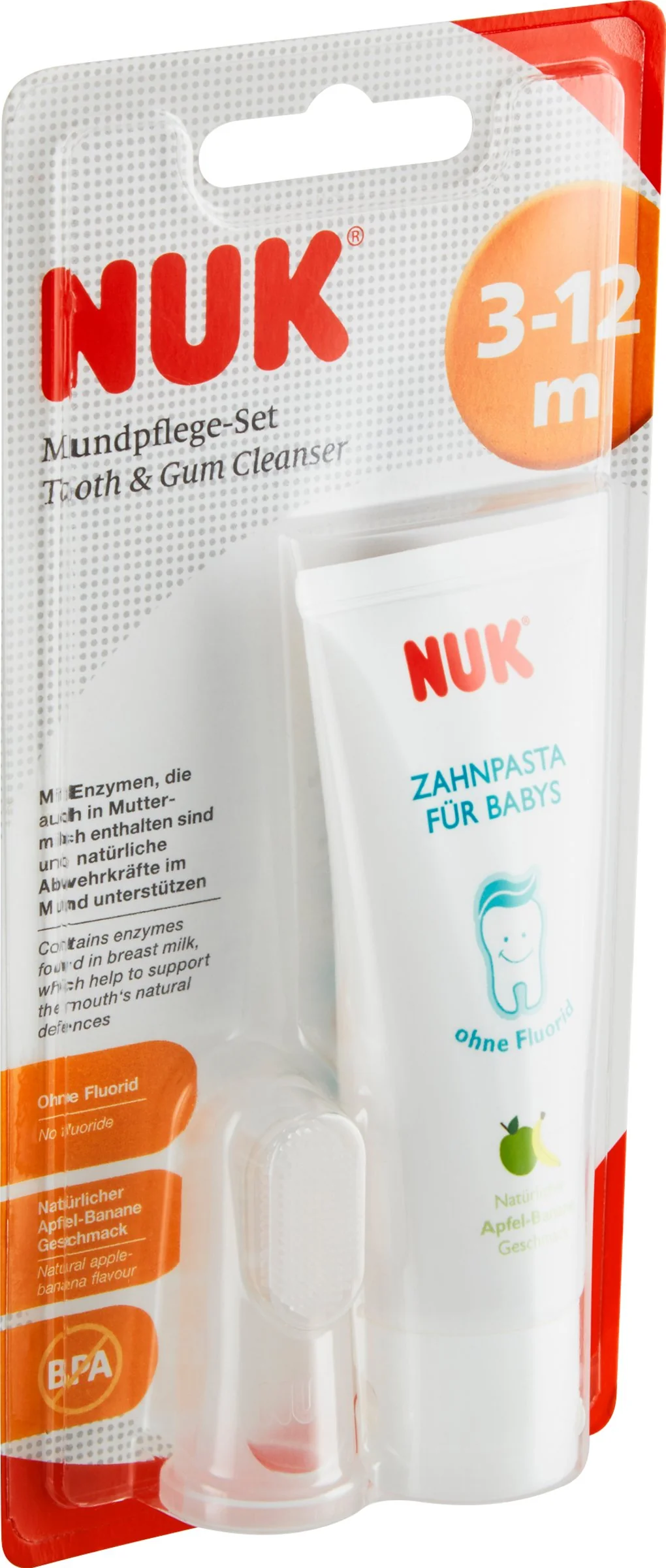 NUK DETSKÁ ZUBNÁ PASTA + NÁPRSTOK 1×1 set, príchuť jablka a banánu, 40 ml + silikónový náprstok na čistenie