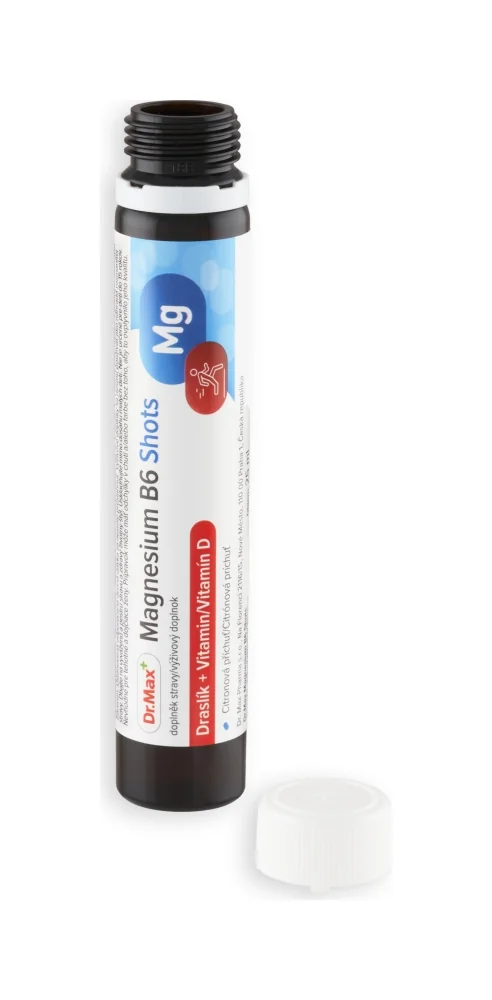 Dr. Max Magnesium B6 Shots 12×25 ml, ampulky s obsahom horčíka, draslíka, vitamínu B6 a D3