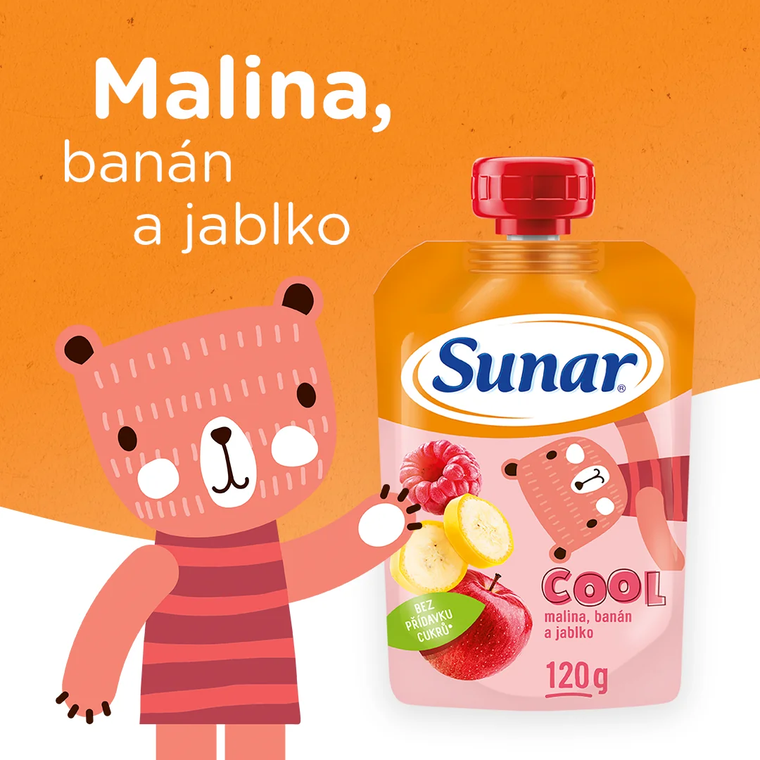 Sunar COOL ovocie Malina, Banán, Jablko 1×120 g, Malina, Banán, Jablko, 12m+