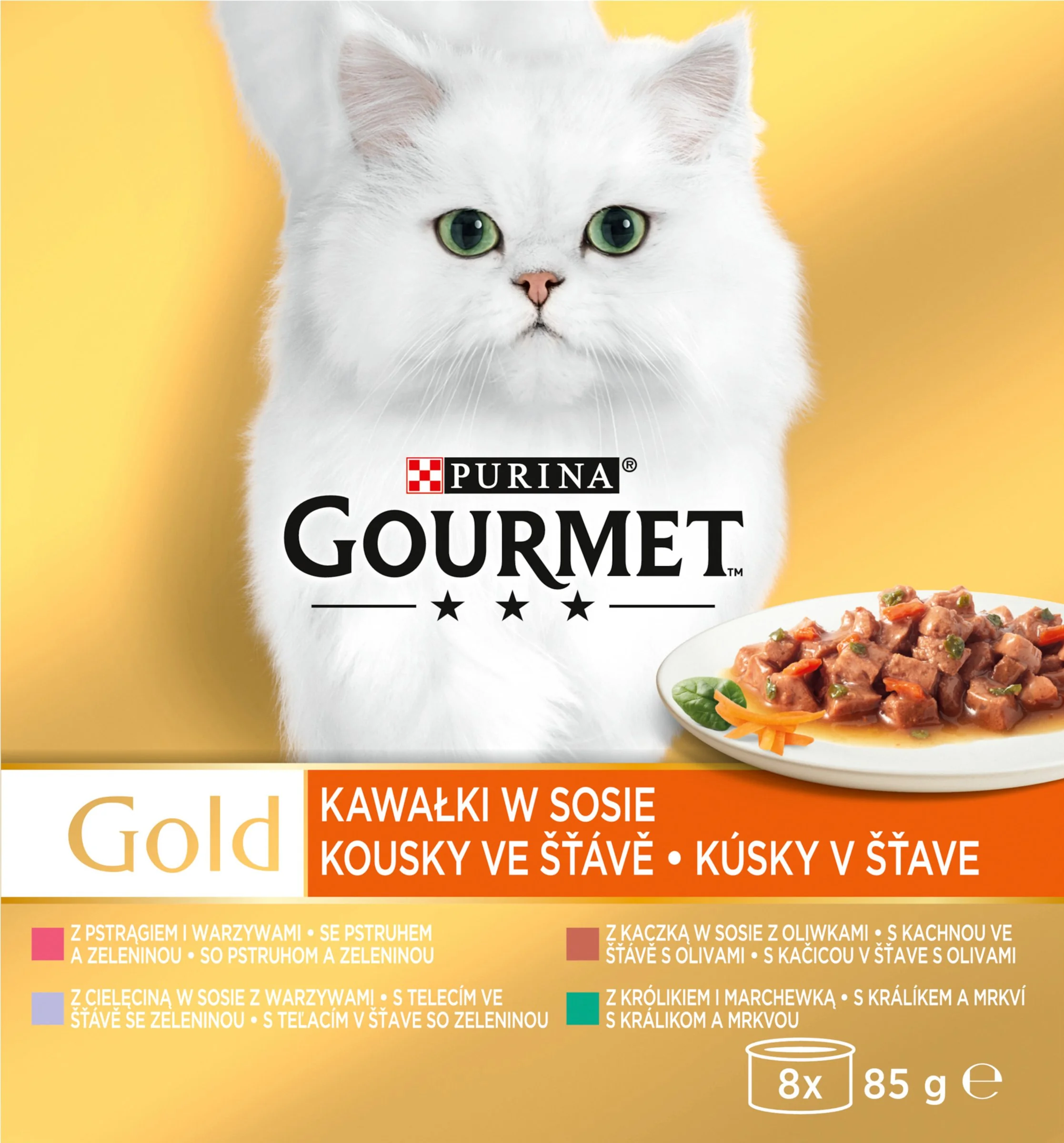 GOURMET GOLD Multipack 12(8x85g) kačica s olivami/teľacim so zeleninou/pstruh so zeleninou/králik s mrkvou v šťave