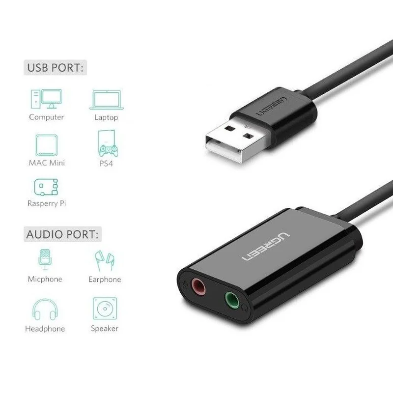 Ugreen US205 USB externá zvuková karta 15cm, čierna 