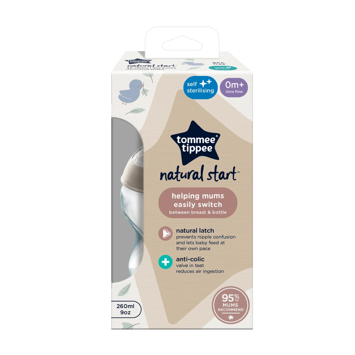 Tommee Tippee Natural Start Samosterilizační Dojčenská Fľaša s ANTI-COLIC cumlíkom Pomalý Prietok 260 ml 0m+, Vtáčik 1×1 ks, dojčenská fľaša